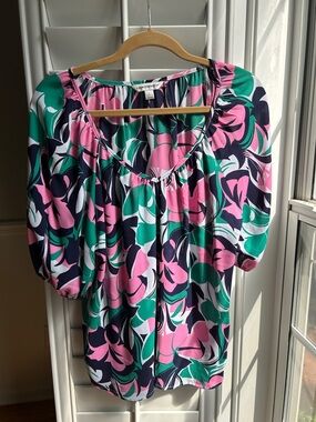 Counterparts Pink Green Navy Floral Puff-Sleeve Top